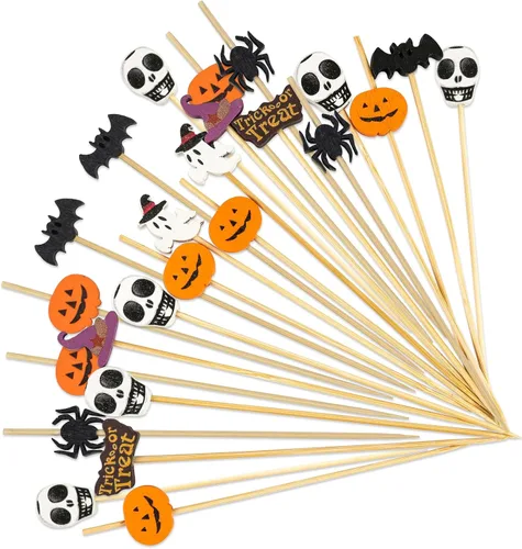 Vista 9 de 100 unidades de púas de cóctel de otoño de 12 cm, hojas, calabazas, bellotas, palillos de dientes decorativos elegantes de bambú, palillos
