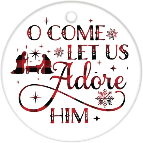Vista 4 de Adorno de Navidad para el nacimiento de Jesús, elegante adorno de cerámica para colgar de Navidad O Come Let Us Adore Him rojo y negro, adorno