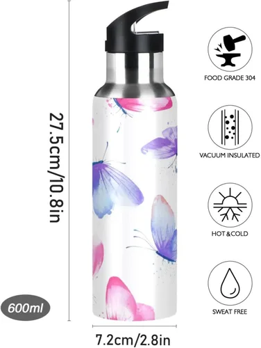 Vista 8 de Botella de agua de acero inoxidable aislada con pajilla, de 20 onzas, a prueba de fugas, botella de agua deportiva sin BPA aislada