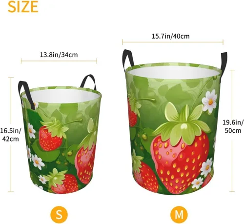 Vista 5 de Strawberry and flower print Circular Hamper Waterproof Storage Bin Organizer Basket Laundry Hamper With Handles For Clothes Toys Small