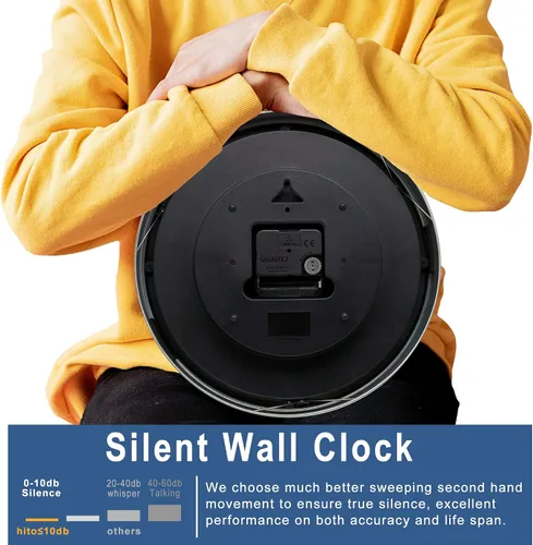 Vista 33 de HITO Reloj de pared silencioso de 10 pulgadas, funciona con pilas, sin tictac, cubierta de vidrio, marco de aluminio plateado, para decoración