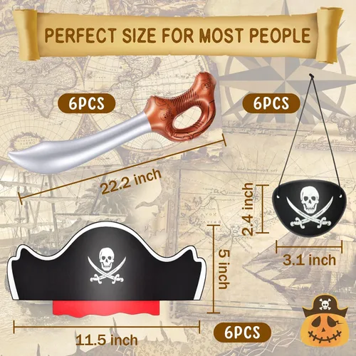 Vista 2 de Legigo Juego de 18 piezas divertidas de fiesta pirata, incluye 6 sombreros de pirata, 6 parches para ojos, 6 espadas inflables para fiesta pirata