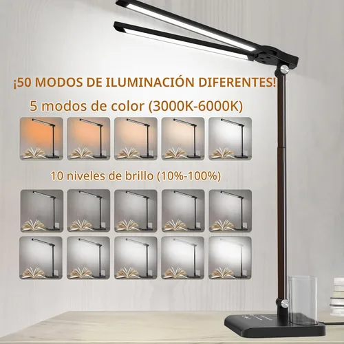Vista 5 de CHARYJOD Lámpara de escritorio LED retráctil regulable con puerto de carga USB, 50 modos de iluminación, brazo doble oscilante, arquitecto, lámpara