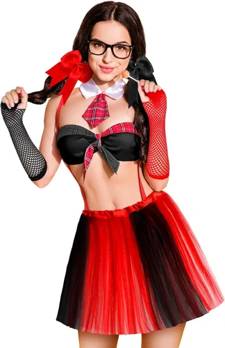 Vista 4 de Newcotte Juego de 4 piezas de disfraz de payaso de Halloween para adolescentes y adultos, incluye falda tutú, lazo para el pelo, guantes de red
