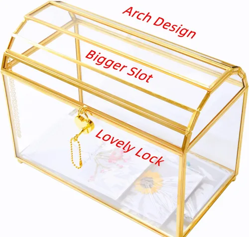 Vista 5 de Caja para tarjetas de regalo de boda con cerradura y ranura, caja de cristal dorado para boleta, donación, rifa/recepción, cerradura de seguridad