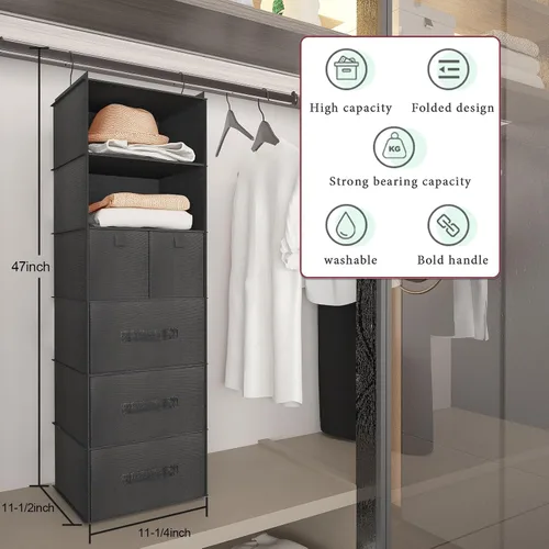 Vista 9 de Organizador de armario colgante de 6 estantes con 5 cajones, almacenamiento no tejido, negro Spacious compartments sort clothes & undergarments