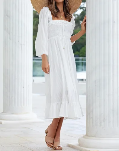 Vista 6 de R.Vivimos Women's Linen Fall Long Sleeves Stripes Ruffled Boho Casual A-Line Flowy Midi Dresses
