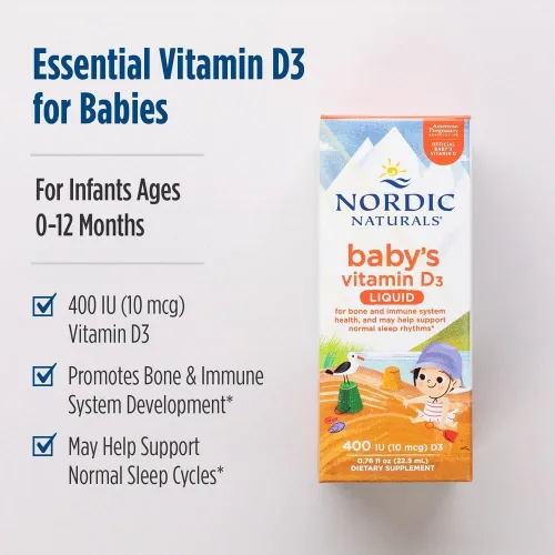 Vista 3 de Nordic Naturals Baby's Vitamina D3, sin sabor, 0.76 onzas, 400 UI de vitamina D3, huesos saludables, apoyo al sistema inmunológico, ritmos normales