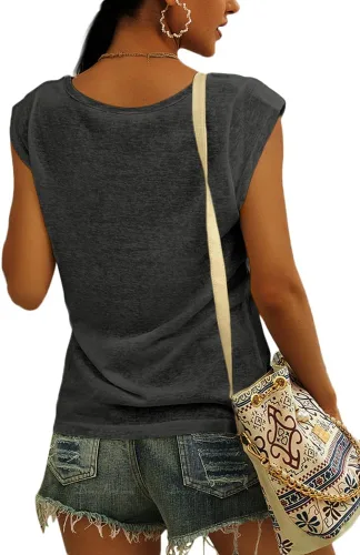 Vista 2 de Langwyqu - Camiseta de manga casquillo para mujer, blusas estilo informal, holgadas y básicas