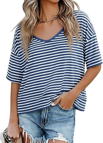 Vista 17 de Cicy Bell Camisetas de verano con cuello en V para mujer, casuales, de manga corta, holgadas, lindas camisetas básicas Caqui