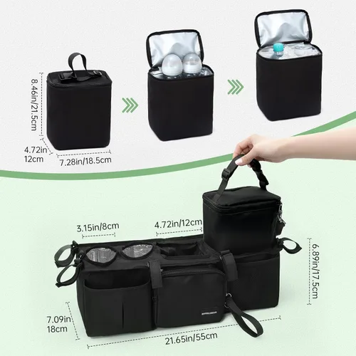 Vista 7 de Organizador de cochecito doble para Bob Duallie con 2 portavasos aislados y bolsa refrigeradora, Baby Jogger City Mini Gt2 Jeep Accesorios