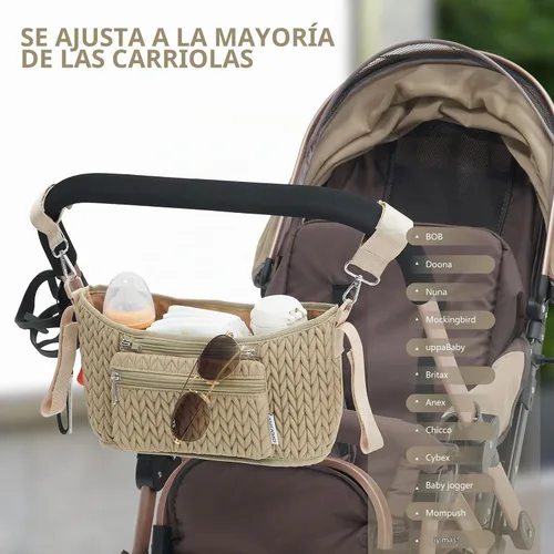 Vista 7 de Organizador de cochecito - Elegante nailon acolchado en espiga 3D, ajuste universal, bolsa desmontable, almacenamiento múltiple ajustable para Beige