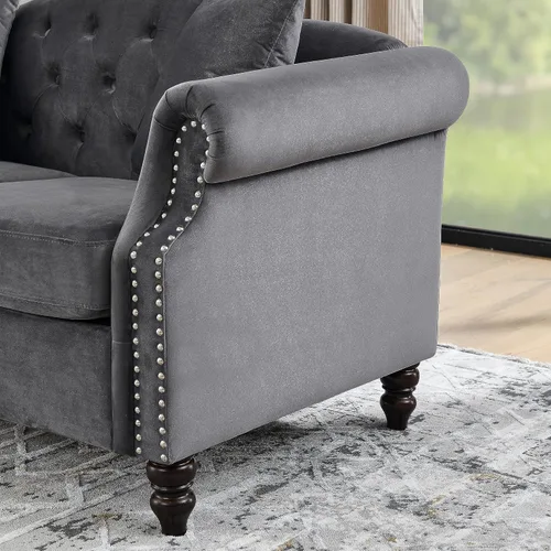 Vista 8 de Sofá Chesterfield de terciopelo gris de 79 pulgadas para sala de estar, 2 piezas, sofá de 3 plazas, con botones copetudos, respaldo curvado, brazos