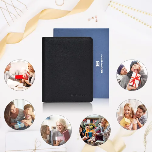 Vista 5 de Funda de cuero genuino para pasaporte, billetera con bloqueo RFID, BAPHITY de lujo y simple, Grano negro, Classic