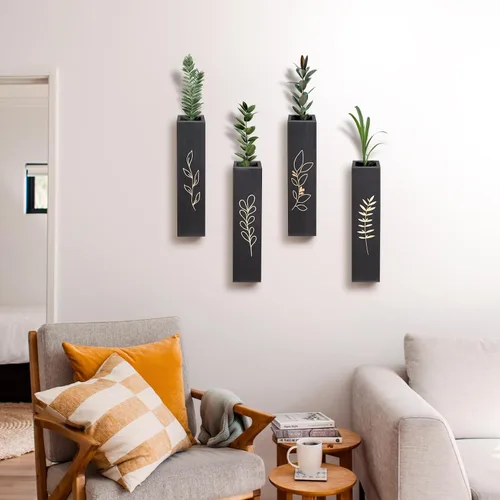 Vista 2 de Macetero de pared de madera, paquete de 4 jarrones de pared con bolsillo para interiores, decoración para sala de estar, dormitorio, flores secas