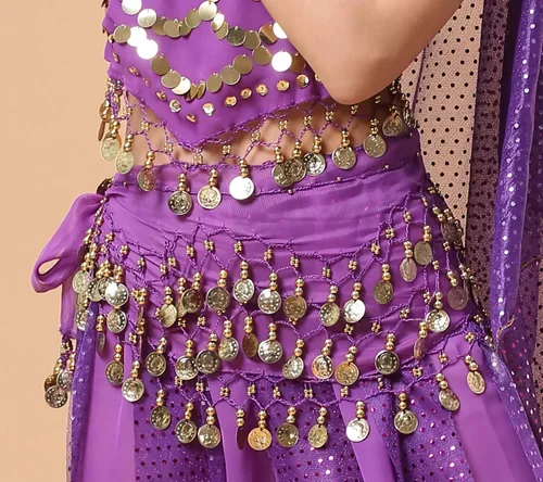 Vista 3 de WAYDA Bufanda de cadera para Danza del Vientre, bufanda de danza del vientre para mujer, con 128 monedas color Oro, faldas para danza del vientre
