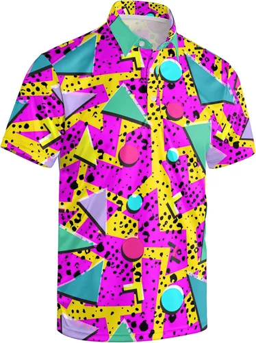 Vista 38 de Camisa de golf de los años 80 para hombre, ajuste seco, manga corta, estampada, divertidas, camisas de golf de los años 90 para hombre