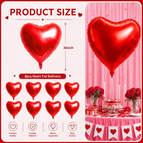 Vista 2 de 8 globos grandes de corazón rojo de 36 pulgadas para San Valentín, boda, fiesta