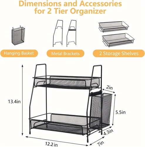 Vista 3 de Organizador de baño con canasta, bandeja de baño de 2 niveles para estante de almacenamiento de encimera, organizador de encimera de baño