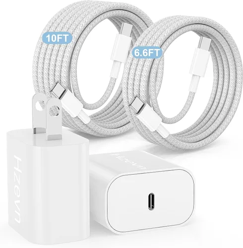 Vista 9 de Carga rápida USB C de 20 W para iPhone 17 Air/16/15 Pro Max, paquete de 3 bloques de carga coloridos mezclados con cables USB C a C largos trenzados