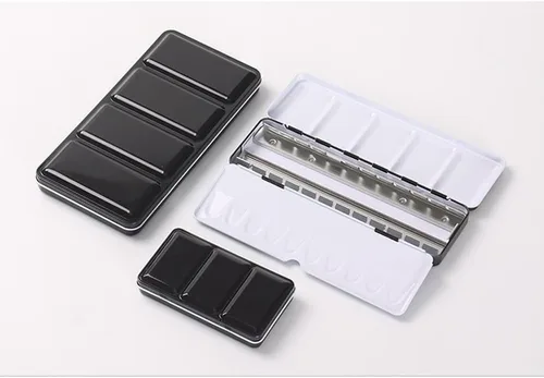Vista 8 de Jinberry Lata de acuarela de metal con paleta de mezcla plegable, paleta de acuarela vacía multifuncional con sartenes, paleta de bandeja de pintura