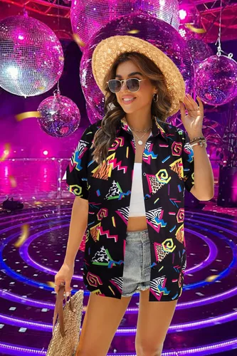 Vista 8 de Trajes de los años 80 y 90 para mujer, camisa de fiesta temática retro de los años 80, camisa hawaiana de los años 80, camisa hawaiana neón hawaiana