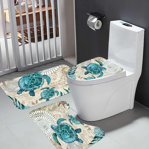Vista 2 de Juegos de Baño Náutico Azul con Cortina de Ducha y Alfombras y Accesorios, Juegos de Cortina de Ducha de Tortuga Marina con 12 Ganchos, Juego