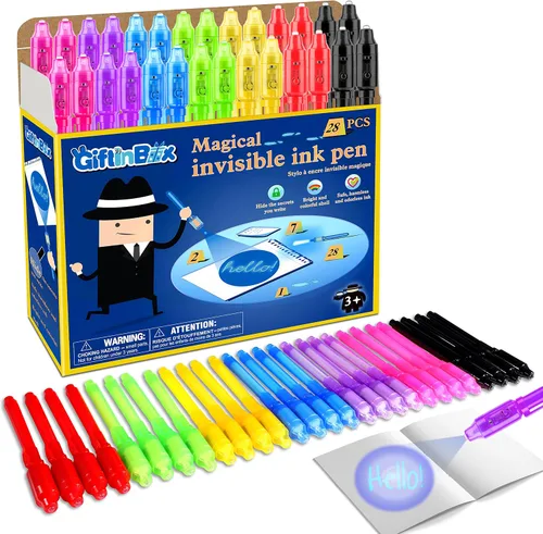 Vista 11 de GIFTINBOX Bolígrafo de tinta invisible con luz UV para niños, 12 bolígrafos espía para fiestas para niños de 8 a 12 años, marcador mágico
