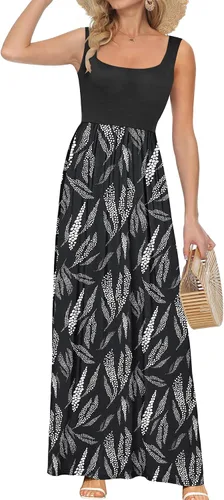 Vista 28 de AUSELILY Vestido largo con cuello cuadrado para mujer, sin mangas, floral, holgado, con bolsillos