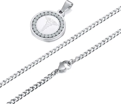 Vista 109 de VNOX Collar con colgante personalizado de acero inoxidable con grabado personalizado para identificación de alerta médica de emergencia para hombres