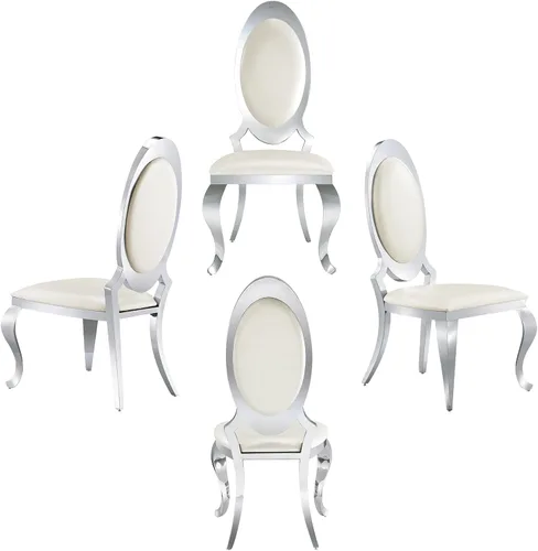 Vista 9 de ACEDÉCOR Sillas de comedor blancas y doradas, modernas sillas de piel sintética blanca, magnífica silla ovalada con respaldo de acero inoxidable