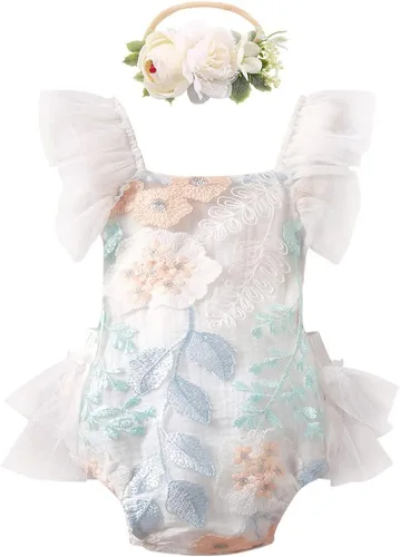 Vista 7 de IDOPIP Conjunto de ropa de 1er cumpleaños para niñas con estampado floral, estilo bohemio, con encaje, tutú y diadema de princesa