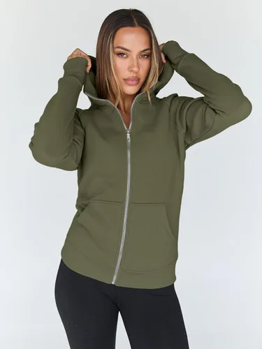 Vista 44 de Trendy Queen Sudaderas con capucha y cremallera para mujer, chaquetas de vellón, talla extragrande, moda de otoño e invierno