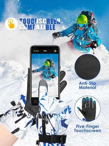 Vista 4 de Azue Guantes de invierno para mujer, guantes de nieve para niños y niñas, guantes de esquí con bolsillo con cremallera, resistentes al viento