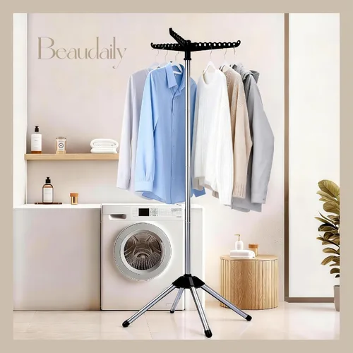 Vista 2 de Beaudaily Tendedero de secado de ropa, plegable, estante de secado de ropa interior de 59 pulgadas con 3 brazos giratorios, acero inoxidable Negro +