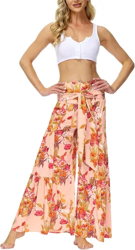 Vista 2 de Timemory Pantalones palazzo de pierna ancha para mujer holgados casuales para playa bohemio estampado floral pantalones bohemios con cinturón