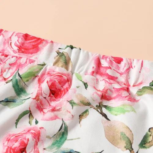 Vista 7 de Traje de verano para niñas pequeñas, con un hombro descubierto, estampado floral, pantalones cortos con diadema, lindos juegos de ropa para niños