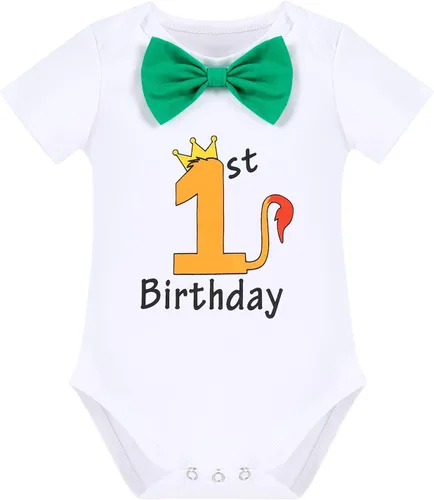 Vista 2 de IMEKIS Mameluco de cumpleaños con diseño de dinosaurio salvaje para niños y bebés, con tirantes + pantalones largos + diadema para sesión de fotos
