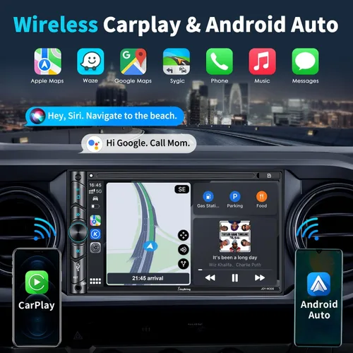Vista 2 de Estéreo de auto doble DIN compatible con control de voz Apple Carplay - Monitor de pantalla táctil LCD HD de 7 pulgadas, Bluetooth, subwoofer