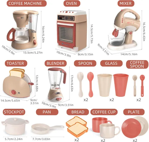 Vista 8 de Yalujumb Juego de juguetes de cocina, juego de electrodomésticos de cocina con cafetera, mezclador, tostadora con luces y sonidos realistas, regalo