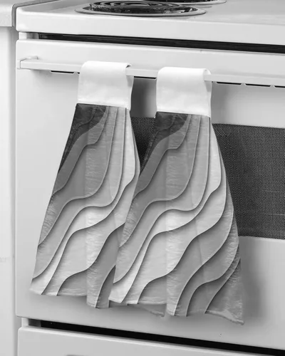 Vista 5 de Toallas de cocina con lazo para colgar, toallas de mano abstractas onduladas de color gris degradado, suaves, absorbentes, para baño, bar, hogar