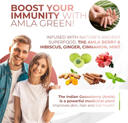 Vista 4 de Polvo de Amla y Té Verde - Suplemento de Superalimento con Hibisco, 20x Amla Ultra Concentrada, Apoyo Antioxidante, Hecho con Té Oolong y Grosellas