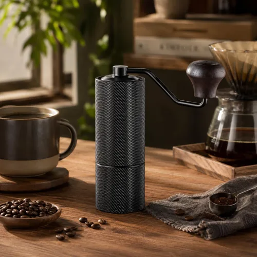 Vista 2 de Molinillo de café manual con rebaba cónica de acero inoxidable CNC, cuerpo de aluminio, mango de madera maciza, molinillo de mano ajustable portátil