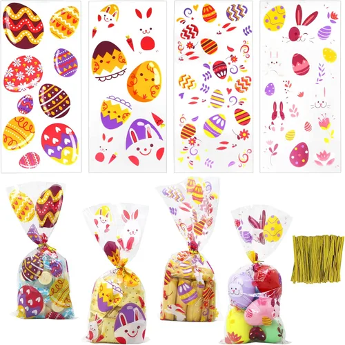 Vista 11 de ZMCINER 120 bolsas de dulces de celofán de Navidad, bolsas de regalo de Navidad con lazos giratorios para suministros de fiesta de Navidad