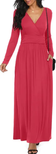 Vista 9 de LILBETTER - Vestido largo de manga larga, cuello en V profundo, holgado, liso y casual para mujer Verde militar