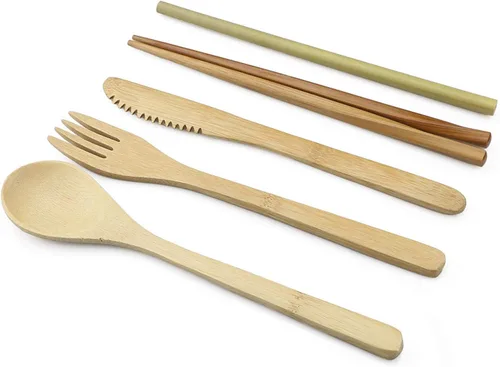 Vista 3 de JASHII Juego de cubiertos de bambú para viaje, incluye cuchillo reutilizable, tenedor, cuchara, palillos, popotes y cepillo (beige)