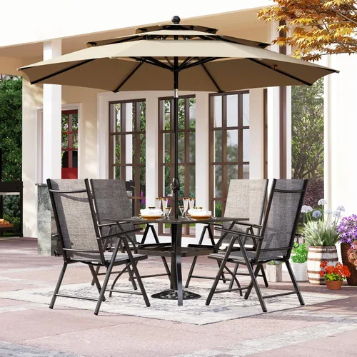 Vista 20 de PHI VILLA Juego de comedor de patio de 5 piezas con sombrilla de 10 pies (beige), juego de mesa y sillas para exteriores con sillas de comedor