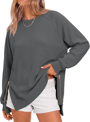 Vista 17 de ANRABESS - Sudadera de gran tamaño para mujer, cuello redondo, manga larga, tipo túnica, con cremallera lateral, sudadera con capucha, suéter