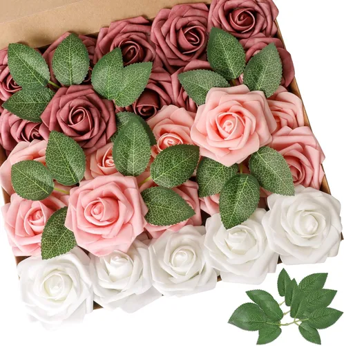 Vista 27 de AmyHomie 25 flores artificiales de aspecto real con tallo de rosa beige