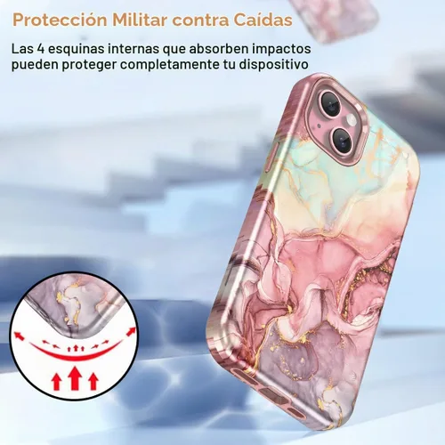 Vista 5 de Btscase Funda para iPhone 15 de 6.1 pulgadas (2023), patrón de mármol 3 en 1, resistente a prueba de golpes, cuerpo completo, policarbonato A-oro